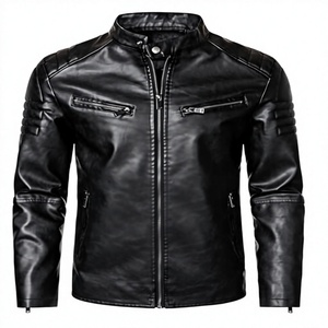 Chaqueta de Motociclista de Cuero Negra Unisex WARPRO INDUSTRY, Cuello Alto, Cuatro Bolsillos con Cremallera, Hombros Acolchados, Corte Moderno y Ajustado, Estilo Casual para Otoño - Product Image 1