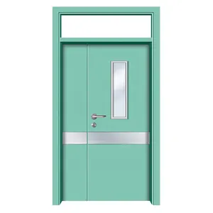 Fresh Green Double-edge Steel Doors Steel Medical Door with Transom and Frosted Glass