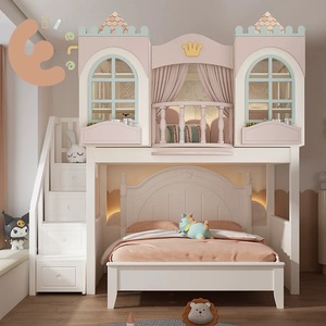 Bộ giường tầng trẻ em chất lượng cao, giường tầng công chú<span class=keywords><strong>a</strong></span> cho bé gái, giường tầng đôi bằng gỗ cho trẻ em có cầu trượt - Product Image 3