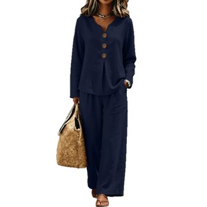 Costume décontracté pour femmes, bleu ciel, manches longues, col en V, ensemble pantalon, style fashionista de rue, S M L XL XXL, couleur unie - Product Image 5