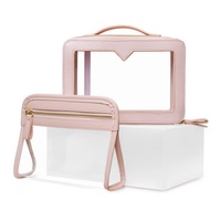Trousse de rangement pour maquillage en cuir TPU imperméable à double couche avec fermeture à glissière Sac de cosmétiques de voyage en PVC Logo personnalisé Lettre à la mode