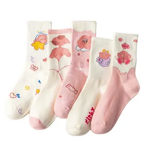 Meias de algodão para meninas, meias engraçadas do desenho animado rosa e branco para mulheres