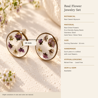 Nouvel ensemble de bijoux 2026 pour femme : collier et boucles d'oreilles en résine avec fleurs d'alyssum séchées naturelles, en acier inoxydable doré
