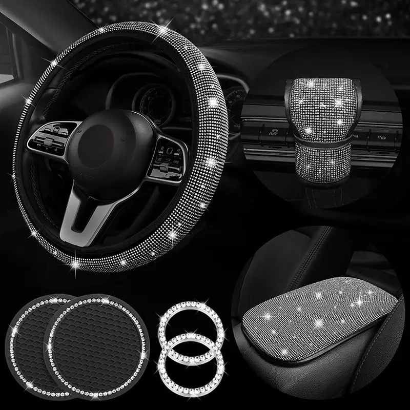 car interior accessory luxury shiny bling faux diamond rhinestone handbrake armrest steering wheel cover set