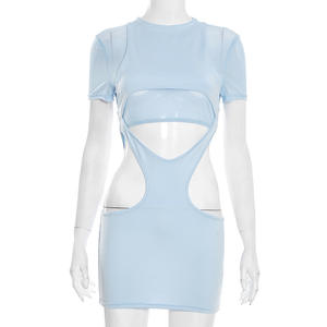 Viviblook D25ST591 Women Two Pieces Set New Solid Color Sexy Mesh Short Sleeve <b>Top</b> and Hollow Out Mini Dress Set - Product Image 6