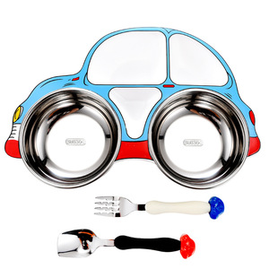 Juego de platos infantiles de acero inoxidable con forma de coche, con tenedor y cuchara, para niños de 2 a 4 años - Product Image 1