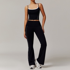 Tz5009 Yoga due pezzi Set di colore a contrasto con scollo all'americana gilet a doppia tracolla <span class=keywords><strong>Casual</strong></span> a vita alta pantaloni a zampata donna ginnastica <span class=keywords><strong>Wear</strong></span>