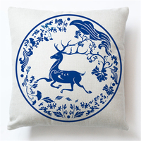 Style chinois Lin Carré Décoratif Canapé Coussins Bleu Blanc Porcelaine Impression Housse De Coussin