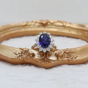 14K White Gold 5.8CT Lab Grown Oval Sapphire Moissanite Ring Vintage Ring