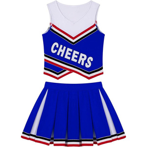 <span class=keywords><strong>Costume</strong></span> de pom-pom girl <span class=keywords><strong>bleu</strong></span> sublimé avec logo personnalisé, conception professionnelle, créez votre propre uniforme de pom-pom girl, uniforme de pom-pom girl pour femmes - Product Image 1