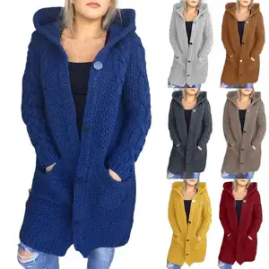 Cardigan pull épais d'hiver pour femmes à capuche long tricoté grande taille manteaux pour femmes