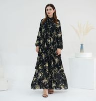 Modeste turquie élégante fête Banquet imprimé Floral Abaya robe Premium mousseline de soie longue Maxi gâteau robes pour les femmes L481