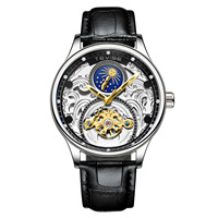 Montre mécanique pour homme TEVISE T820A, boîtier en métal, bracelet en cuir, phase lunaire, verre minéral renforcé, résistante à l'eau, montre de sport