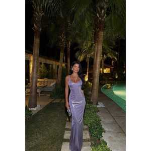 Robe de soirée trapèze brillante violette Madelyn avec taille empire et bretelles spaghetti, longueur ras du sol, pour bal de promo - Product Image 4