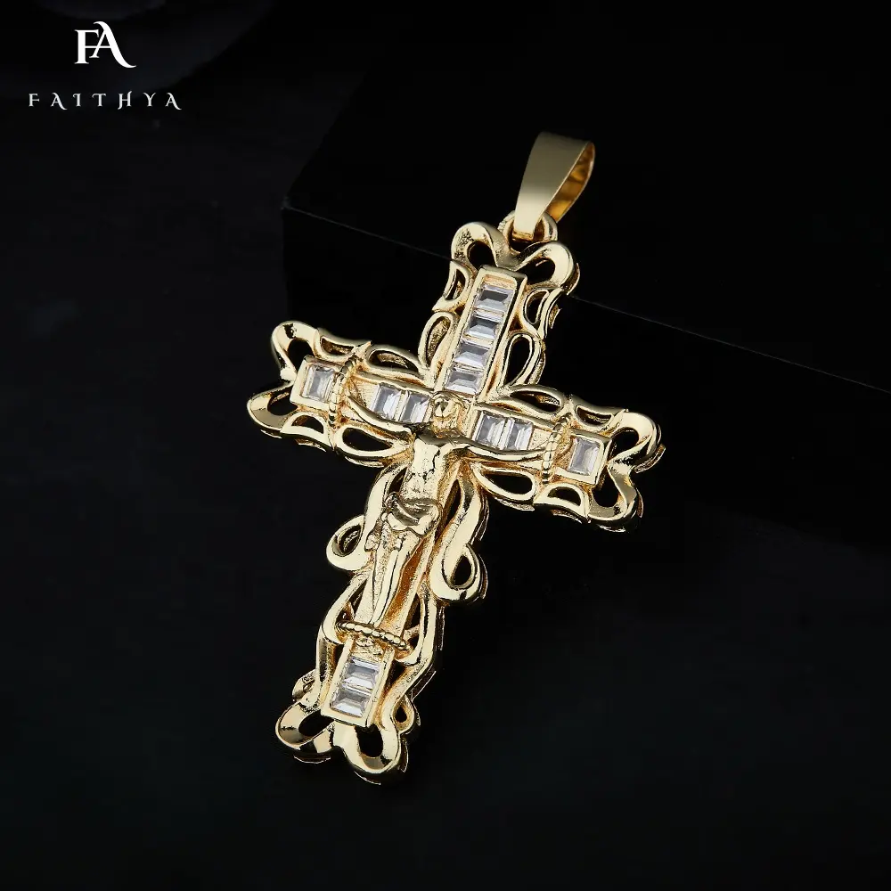 FP1048 Durable Jesus Cross Crucifix Textured Pendant Necklace Real 18k Gold Cubic Zirconia Cross Pendant