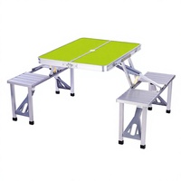 Table de pique-nique pliante portable en aluminium, ensemble rectangulaire pour repas en extérieur avec bancs et trou pour parasol, idéal pour le camping et la plage