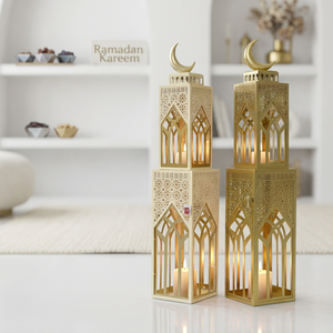 Ramadan Home <b>Decoration</b> 2027 Gold and Beige 2 Tiered Metal <b>Moroccan</b> Candle Lanterns with Crescent Moon - Product Image 6