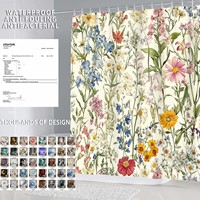 Ensemble de rideaux de douche en polyester imperméable à imprimé numérique floral bohème antidérapant 4 pièces avec 12 crochets, couleur personnalisable