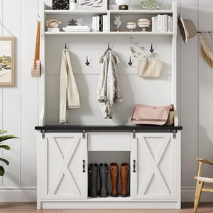 <span class=keywords><strong>Porte</strong></span>-manteau et rangement à chaussures 5-en-1 de style ferme moderne avec banc, portes coulissantes de grange, gain de place, écologique - Product Image 1