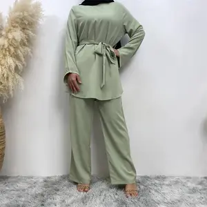 OEM Customized Muslim Fashion Women's Clothing Fashion Simple Atmosphere Set Islamic Wide Leg Pants Muslim Lace-up Suit