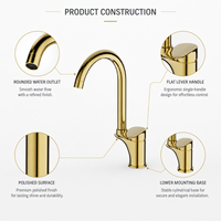 Robinet de lavabo haut de gamme en laiton doré poli, monocommande, à arc élevé, pour projets hôteliers (vente en gros)