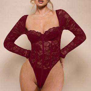 Long Sleeve Transparent 2025 One Piece Jumpsuits Sexy Embroider <strong>Lace</strong> Mesh Slim <strong>Romper</strong> See Through Bodysuits for Women - Product Image 4