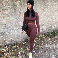 Ensemble de survêtement sport 2 pièces pour femme, uni, décontracté, pour tous les jours, respirant, côtelé, haut court extensible, séchage rapide