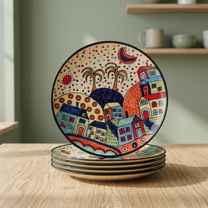 Plato Redondo de Cerámica Hecho a Mano con Diseño de Pueblo de Dibujos Animados, Decoración de Mesa Estilo Bohemio, 300 mm de Diámetro - Product Image 1
