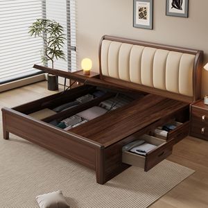 Walnut Wood Solid Wood Platform <b>Bed</b> 1.8m/1.5m <b>Soft</b> Headboard High Box Bedroom Furniture for Home Use - Product Image 5
