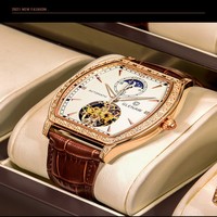 Montre mécanique Glen Nouveau Style 2026 Phase de Lune Squelette Lumineuse Étanche Forme Tonneau Cognac pour Homme - 8168