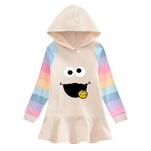 Robe à capuche pour enfants, manches longues, fleurs, robes pour filles, arc-en-ciel, nouvelle meilleure vente, mode pour enfants, coton, décontracté, dessin animé