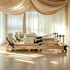 Reformer de Pilates Plegable para el Hogar, Colores Beige y Caqui, Reformer de Pilates de Madera de Roble Plegable con 6 Resortes - Product Image 1