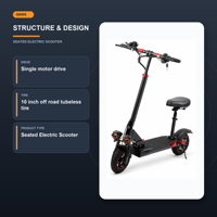 Trottinette Électrique Assise 800W, Batterie 48V 15Ah, Autonomie 55KM, Vitesse 45KMH, Pneus Tout-Terrain 10 Pouces, Freins à Disque Doubles, Entrepôt Europe