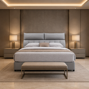 Cama Tapizada Contemporánea con Cabecera de Doble Cojín, Botones Acolchados, Estructura de Plataforma de Tela, Tamaño King, para Habitación de Hotel - Product Image 3