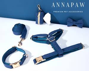 Personalized Velvet Solid Puppy Collar with Free Harness Leash Set & <b>Customized</b> <b>Dog</b> <b>Tag</b> Bowknot Decoration Navy - Product Image 5