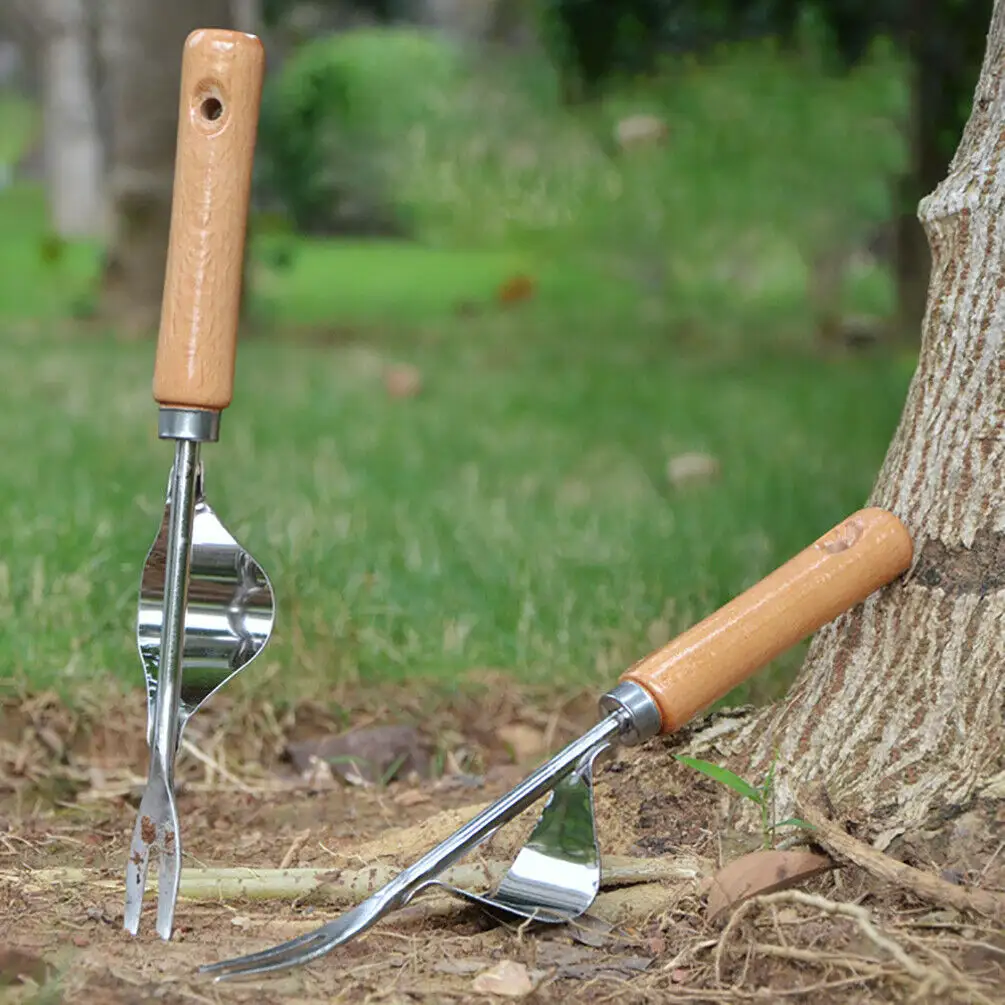 Wooden Stainless Steel Hand Weeder Manual Weed Remover Home Garden Tool