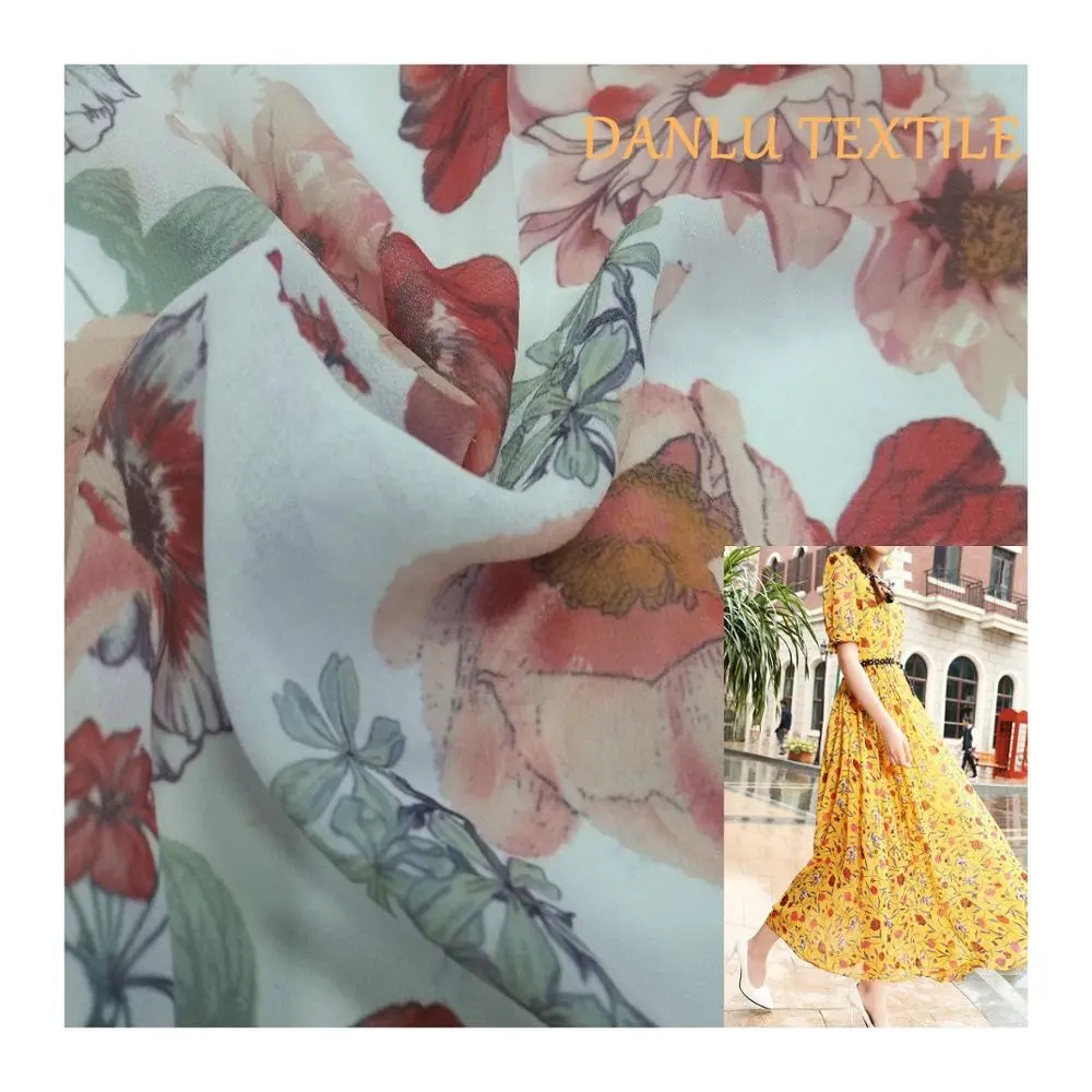 China Factory beaded chiffon fabric digital printing on fabric floral dress fabric