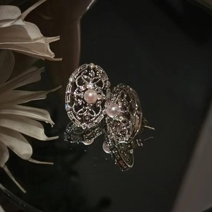 S925 Pure <b>Silver</b> French Court Style Hollow Lace <b>Pearl</b> Shell <b>Earrings</b> Vintage Style French Court Style Hollow Lace <b>Pearl</b> <b>Earrings</b> - Product Image 1