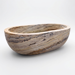 Baignoires ovales modernes de luxe sur mesure, en travertin gris argenté de Perse/Iran, autoportantes, pour salle de bain, style Vila - Product Image 2