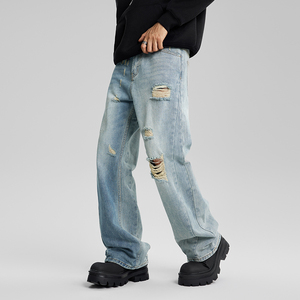 Homens Lavagem de Alta Qualidade Desbotada Azul Splicing Moda <span class=keywords><strong>Jeans</strong></span> Casual Rasgado Baggy Straight <span class=keywords><strong>Jeans</strong></span> Custom Men Whisker Designer <span class=keywords><strong>Jeans</strong></span> - Product Image 3