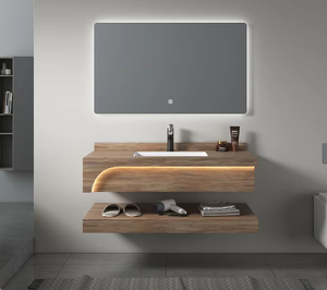 Meuble-lavabo de salle de bain mural de luxe moderne avec comptoir en pierre Miroir intelligent à DEL et lavabo en céramique - Product Image 4