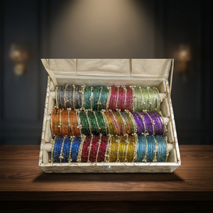 Paquete Combinado de Brazaletes de Cristal Kashmiri Royal Heritage, 192 Piezas, Brazaletes de Cristal en Forma de Gota de Agua en Varios Tonos con Dijes Colgantes de Campana Dorada - Product Image 2