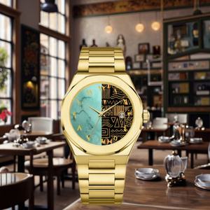 Montre-bracelet à quartz rétro dorée, design arabe unique, acier inoxydable massif, mouvement japonais, mode antique pour homme, affaires - Product Image 4