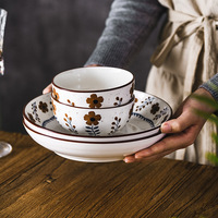 Service de table en céramique de style japonais rétro de luxe léger avec motif végétal, comprenant bol, baguettes et assiette – Compatible micro-ondes, finition émaillée, coffret cadeau