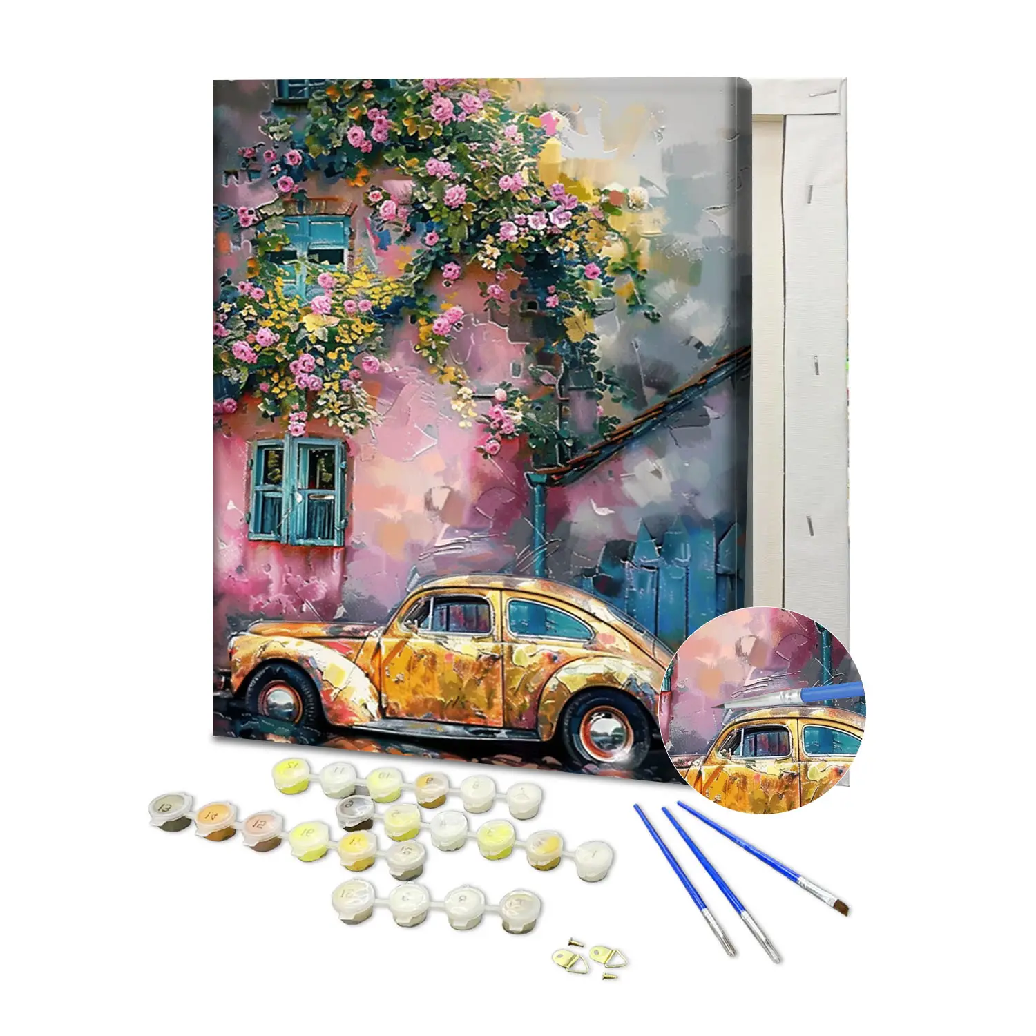 Neues Design individuelles Malen nach Zahlen Kits gelbes Auto am Haus parkt DIY-Malerei nach Zahlen Leinwand Acryl Ölgemälde