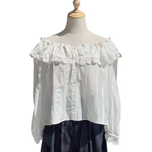 Blusa blanca francesa vintage romántica de encaje pesado con volantes para mujer, blusa holgada de manga larga con protección solar - Product Image 6