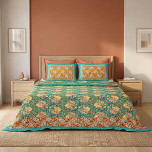Sábana Plana de Algodón con Estampado Antiguo, Diseño Floral Boho Indio, Hecha a Mano en Jaipur, para Cama Queen/King - Product Image 3