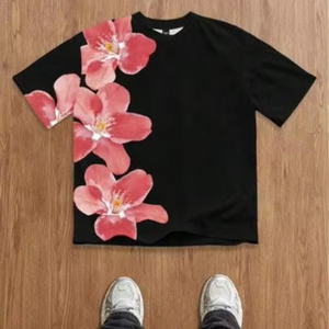 T-shirt décontracté à manches courtes pour homme, col rond, imprimé floral noir - Personnalisation en usine disponible. F10 - Product Image 1