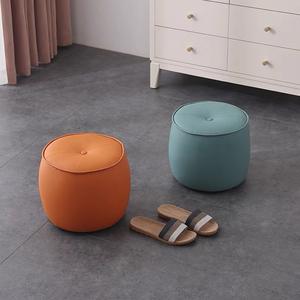 Taburete Redondo Acolchado de Madera Maciza, Diseño Minimalista, Otomana para Sala de Estar, Entrada, Asiento para Cambiar Zapatos, Naranja, Azul Zafiro - Product Image 4