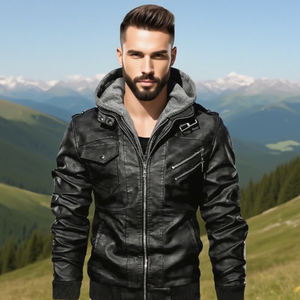Oem Manufacturer Men's Winter Genuine Vintage PU Leather <b>Jacket</b> With Hooded Sweatshirt European American Style Zipper Pocketed - Product Image 1